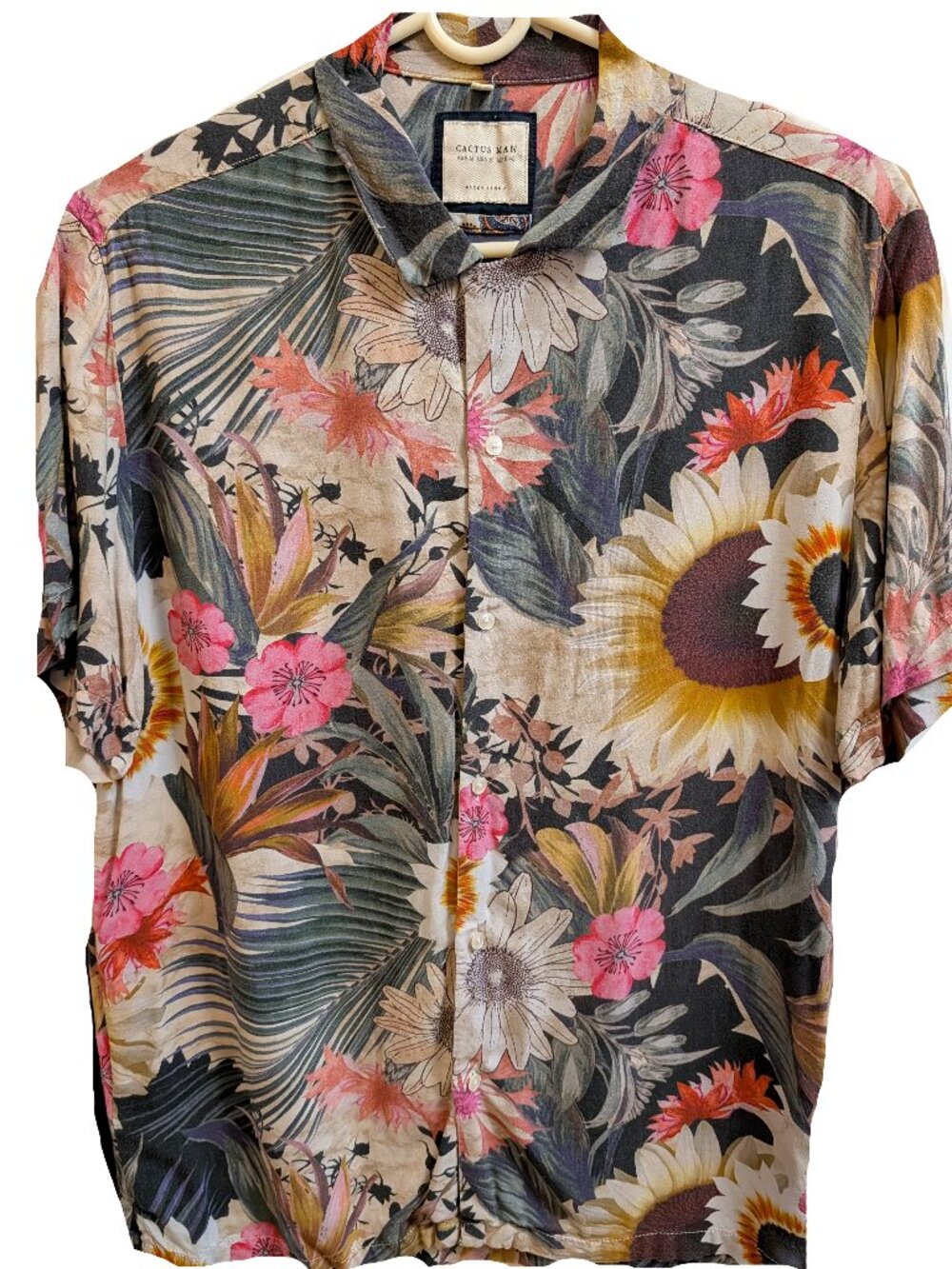 Cactus Man tropical floral mens button down short sleeve shirt Med